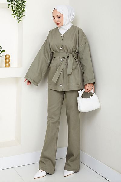 Bestenur Belted Jacket Trousers Gabardine Suit 1557 - Mint