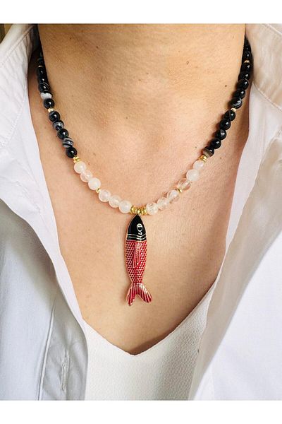 DEVİ fashion Agate Natural Stone Design Fish Necklace 46 cm