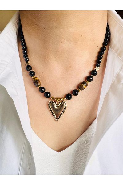 DEVİ fashion Agate and Tiger Eye Natural Stone Antique Heart Necklace 45 cm