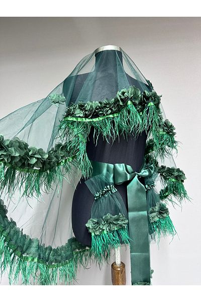 Hayalperest boncuk Melody Model Bridal Henna Wedding Veil Modern Henna Veil Decorated with Feathers and Flowers Green