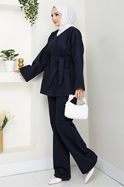 Bestenur Belted Jacket Trousers Gabardine Suit 1557 - Navy Blue