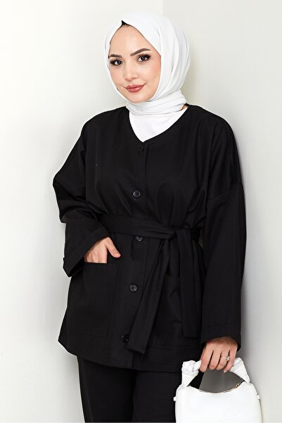 Bestenur Belted Jacket Trousers Gabardine Suit 1557 - Black