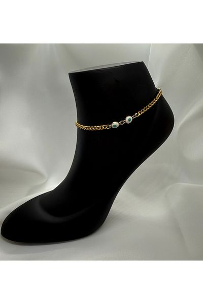 Mila Lumiere Classic and Stylish Model Gold Gold Color Steel Anklet with Thick Chain Double Evil Eye Beads