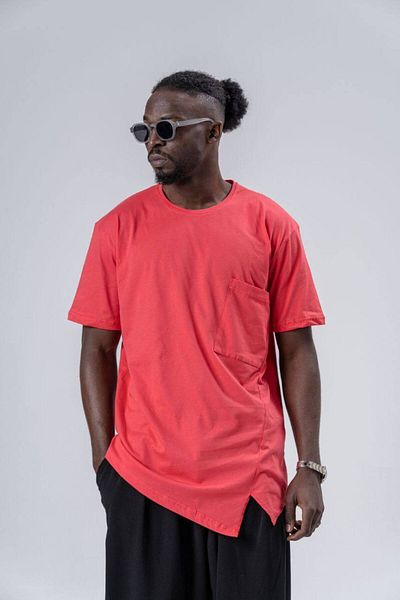 SUPERBLUE Men's Asymmetrical Short Sleeve Loose Red Basic T-Shirt
