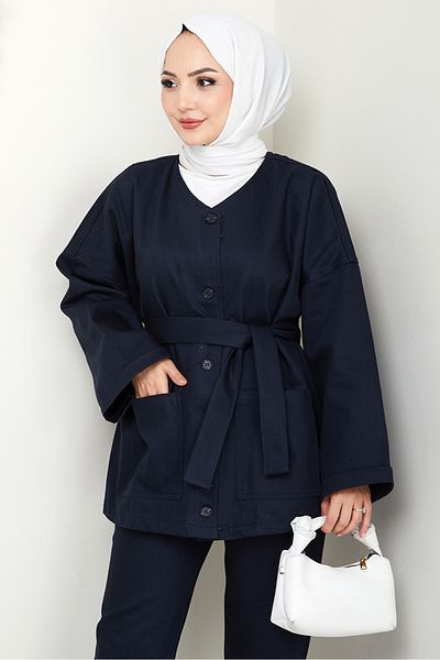Bestenur Belted Jacket Trousers Gabardine Suit 1557 - Navy Blue