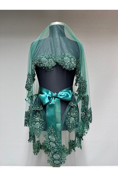 Hayalperest boncuk Serene Elegant Henna Veil with Lace and Bead Embroidery Green