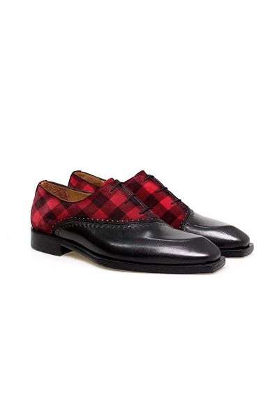 Butik Black Color Lace up Bordo Plaid Khaki Leather Suede Men's Shoes