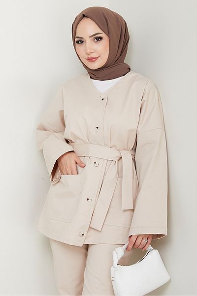 Bestenur Ζακέτα Παντελόνι Ζώνης Gabardine Σετ 1557 - Μπεζ