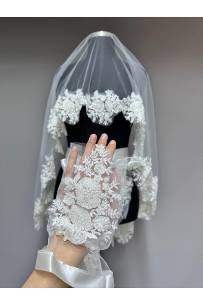 ESPEREST Set de voaluri elegante cu dantelă și mărgele Serene, alb