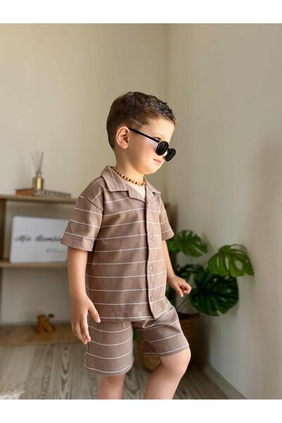 miabambim Çizgili Erkek Bebek T-shirt Şort Takım Kahverengi