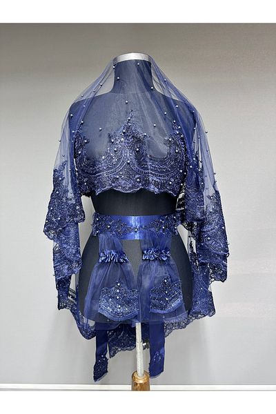 Hayalperest boncuk Vivienne Pearl Detailed Bridal Veil Special Design Veil for Henna Navy Blue
