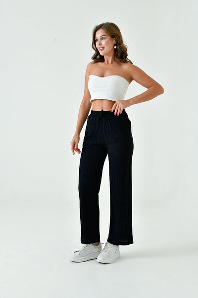 saint majesta Women's Summer Muslin Trousers 100% Cotton Wide Leg with Pockets (Sm25)