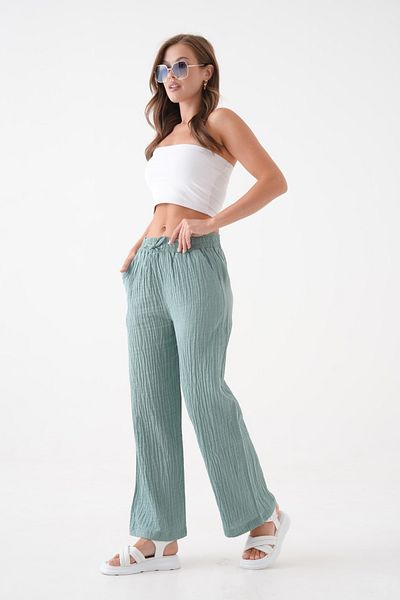 saint majesta Women's Summer Muslin Trousers 100% Cotton Wide Leg with Pockets (Sm25)