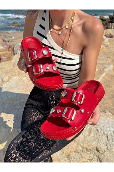 DERİ KABUSU Double Band Buckle Beaded Slippers T-006