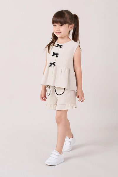 Magu Girls' Linen Cream Ruffle Shorts and Bow Blouse Set