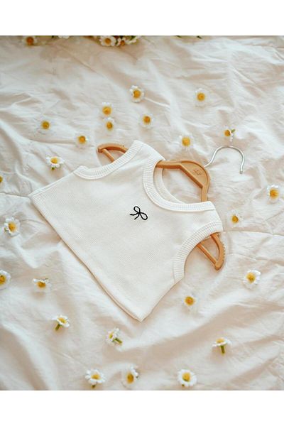 Magu Girl's Cotton Ecru Ribbed Crop Top - Bow Embroidery Detail