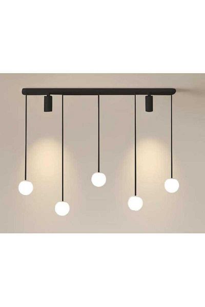 Sueva Black LED Pendant Lamp With 5 Matte White Globes 56w With Remote Control