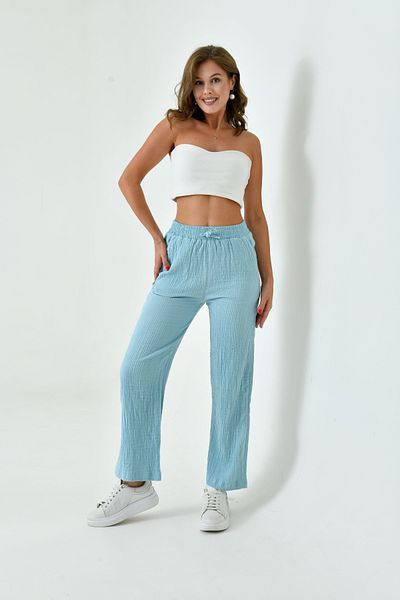 saint majesta Women's Summer Muslin Trousers 100% Cotton Wide Leg with Pockets (Sm25)