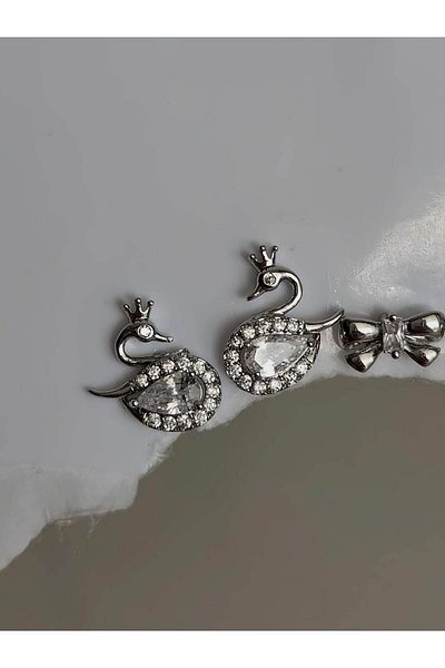 Eva Takı Store Set of 6 Swan Bow Model Minima Silver Silver Colored Earrings