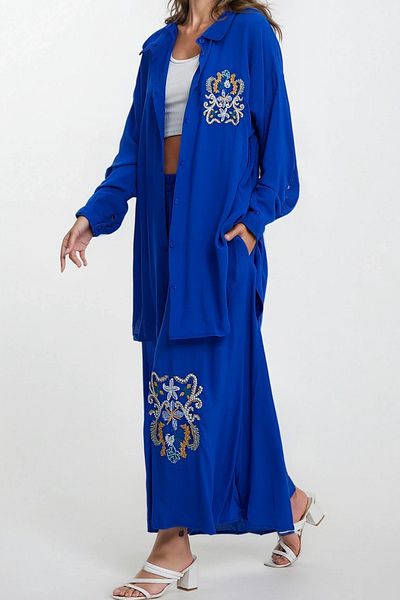 VAGGON Kimono și pantaloni cu detaliu de broderie albastră pentru femei Set de top și pantaloni de mărime mare Vs00319