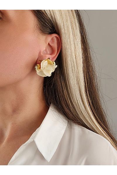 Eva Takı Store Textured Crown Leaf Flower Tulle Model Small Size Earrings