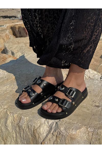 DERİ KABUSU نعال مطرزة بإبزيم مزدوج T-006