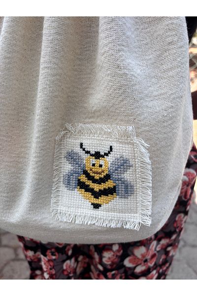 Handream Raw Linen Fabric Bee Pattern Processed Etamine Detailed Backpack (40X47 cm)