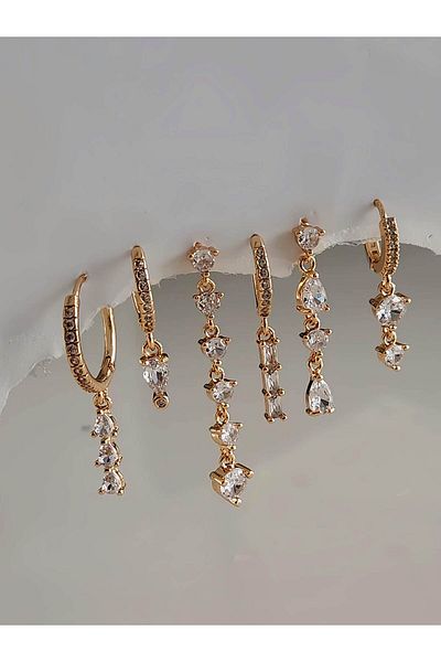 Eva Takı Store Set of 6 Round Drop Drumstick Model Steel Earrings