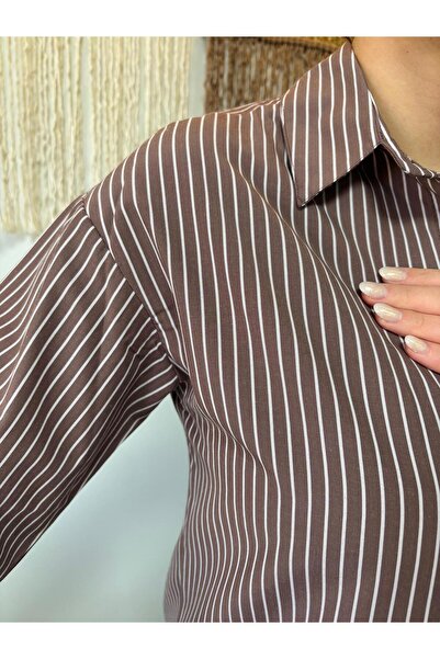 Bigdart Kahverengi Çizgili Oversize Gömlek