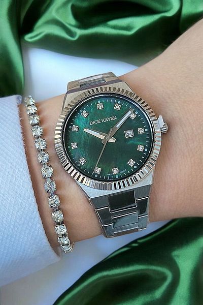 Dice Kayek Zircon Stone 5Atm Waterproof Green Dial Steel Women's Wristwatch with Calendar and Bracelet Gift