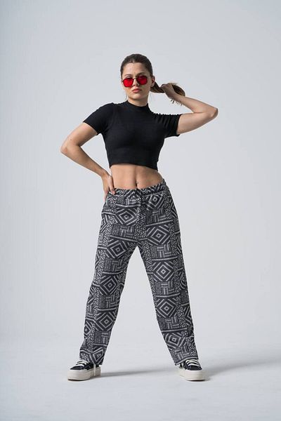 SUPERBLUE Women's Patterned Smoked Baggy Trousers with Elastic Waist