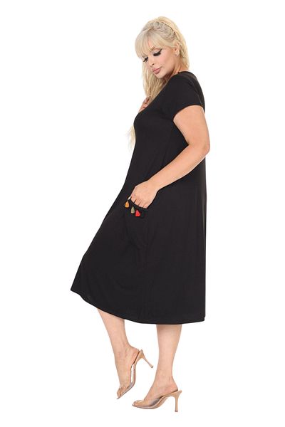 MELSAY Women's Short Sleeve Black Pockets Tassel Detail Midi Dress