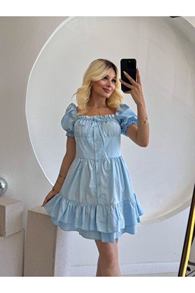 FEHUBLOOM Mavi Kabarık Kol Ve Düğme Detaylı Elbise