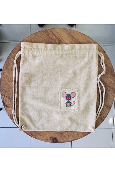 Handream Raw Linen Fabric Cute Mouse Processed Etamine Detailed Backpack (40X47 cm)