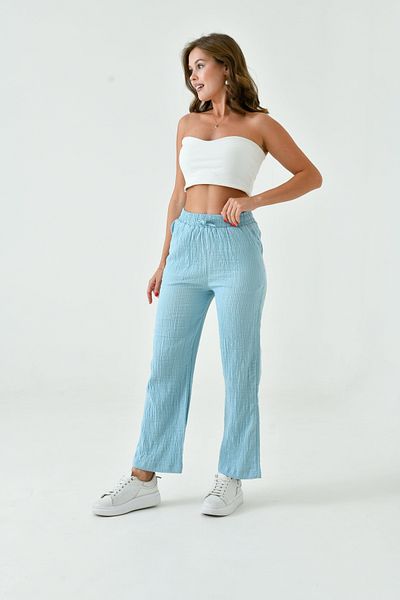saint majesta Women's Summer Muslin Trousers 100% Cotton Wide Leg with Pockets (Sm25)