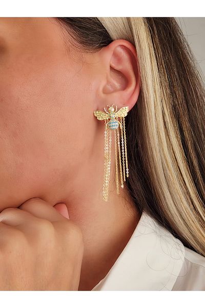 Eva Takı Store Bee Model Turquoise Zircon Stone Jewelry Craftsmanship Chain Dangle Earrings