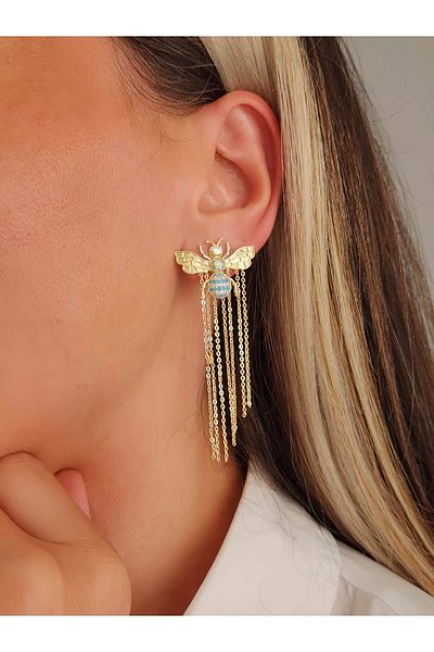 Eva Takı Store Bee Model Turquoise Zircon Stone Jewelry Craftsmanship Chain Dangle Earrings
