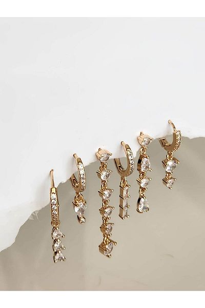 Eva Takı Store Set of 6 Round Drop Drumstick Model Steel Earrings