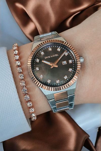 Dice Kayek Calendar Zircon Stone 5Atm Waterproof Coffee Dial Steel Women's Wristwatch with Bracelet Gift