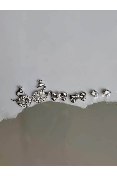 Eva Takı Store Set of 6 Swan Bow Model Minima Silver Silver Colored Earrings