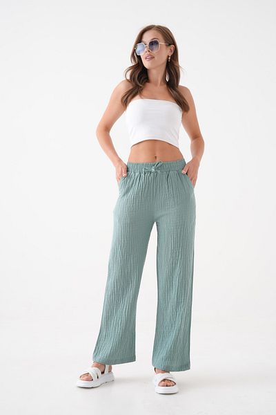 saint majesta Women's Summer Muslin Trousers 100% Cotton Wide Leg with Pockets (Sm25)