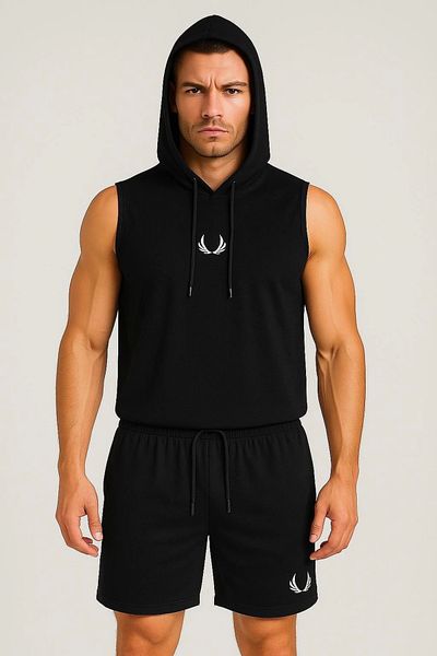 daniel milano Men's Lette Hooded Emblem Flexible Sleeveless Black Shorts Suit