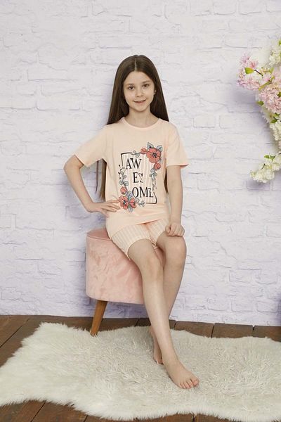 GRI MOR TEKSTIL Girl's Cotton Pajama Set T-Shirt-Shorts