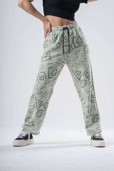 SUPERBLUE Women's Patterned Green Baggy Trousers with Elastic Waist