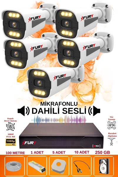 FURY 5 Li Sesli 5Mp Lens 1080p 6 Warm Led Gece Renkli Görüş Su Geçirmez Güvenlik Kamerası Seti 250gb