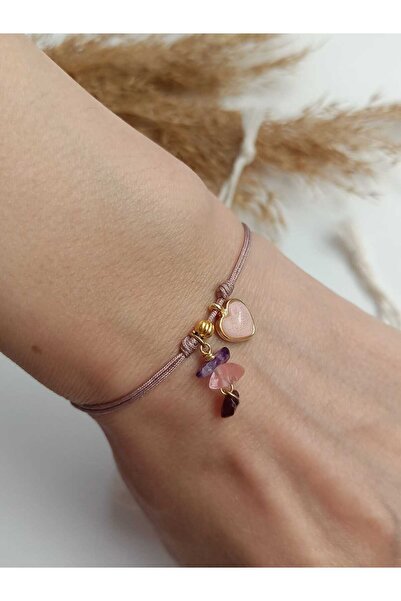 Hanna Design Ayarlanabilir Bej İp Bileklik – Pembe Kuvars, Ametist, Garnet ve...