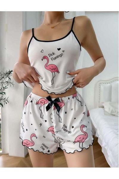 Findit Pink Flamingo Patterned Suspender Shorts Pajama Set