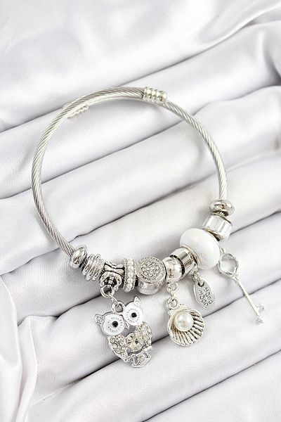 BESKAR 316L Steel White Zircon Stone Owl Oyster and Key Model Silver Color Charm Bracelet