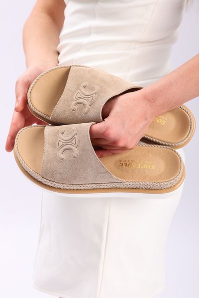 SOFT Women's Genuine Leather Beige Suede Eva Sole Orthopedic Daily Slippers