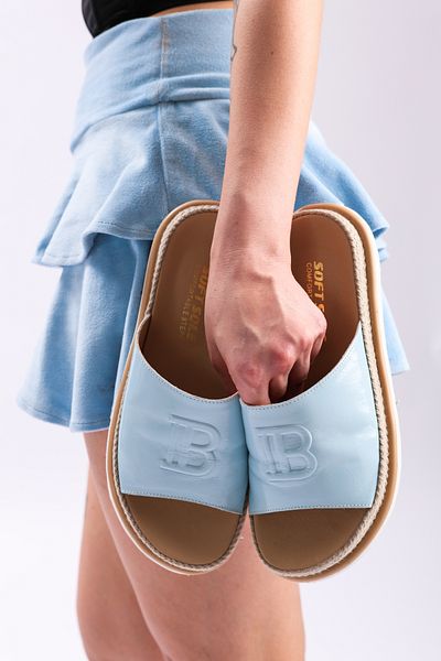 SOFT Women's Genuine Leather Light Blue Patent Leather Color Eva Sole Orthopedic Daily Slippers